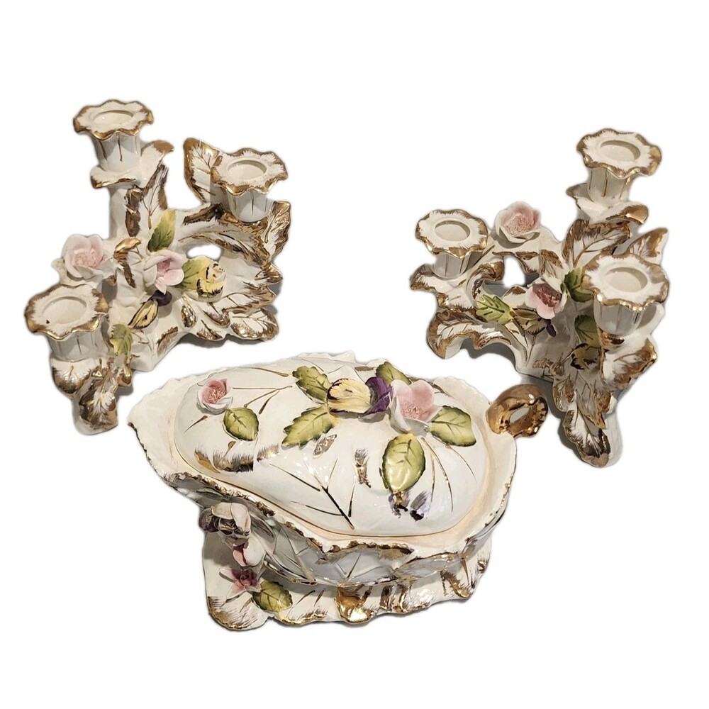 Antique Wales Capodimonte Porcelain 3 Taper Candleholders & Covered Tureen Set